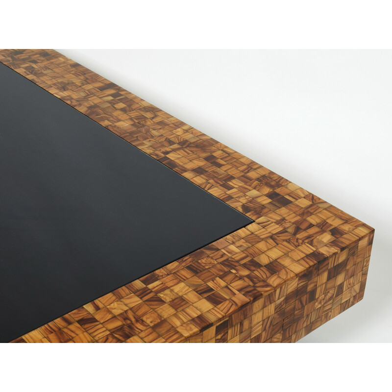 Vintage coffee table in olive wood marquetry by Sandro Petti, 1970