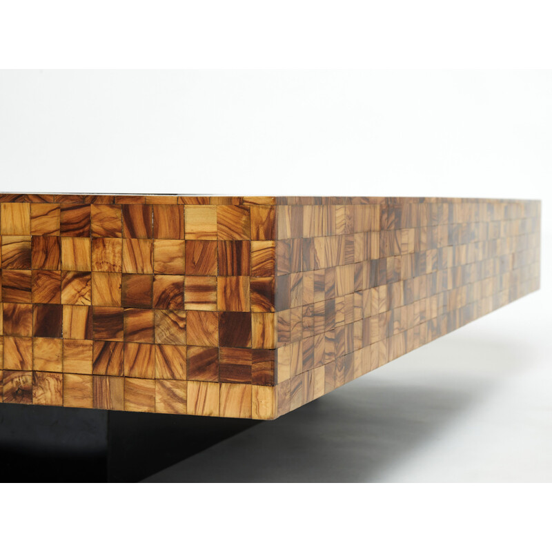Mesa de café Vintage em madeira de oliveira marchetada por Sandro Petti, 1970