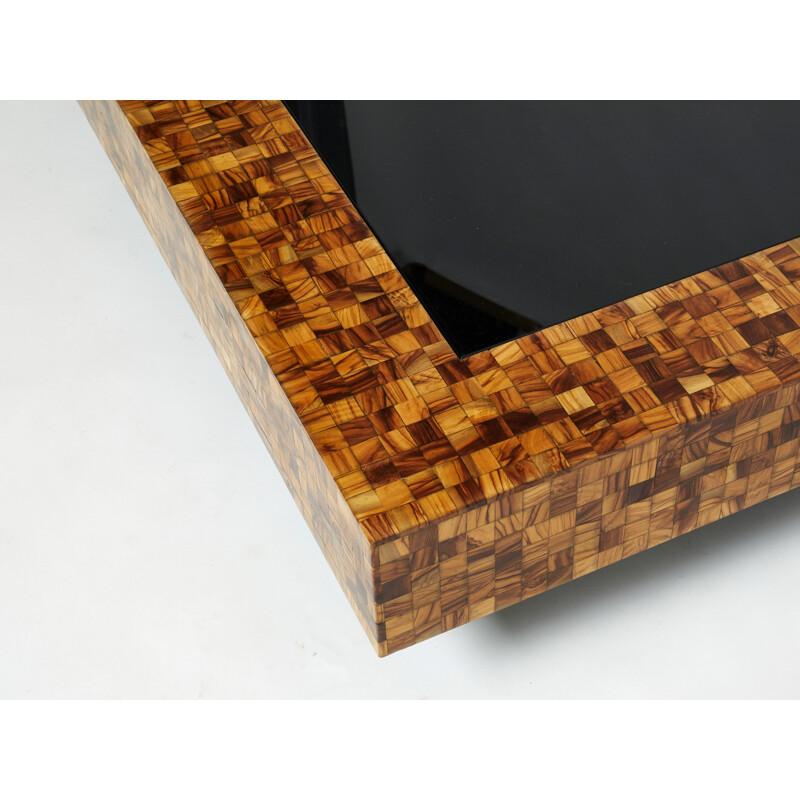 Vintage coffee table in olive wood marquetry by Sandro Petti, 1970