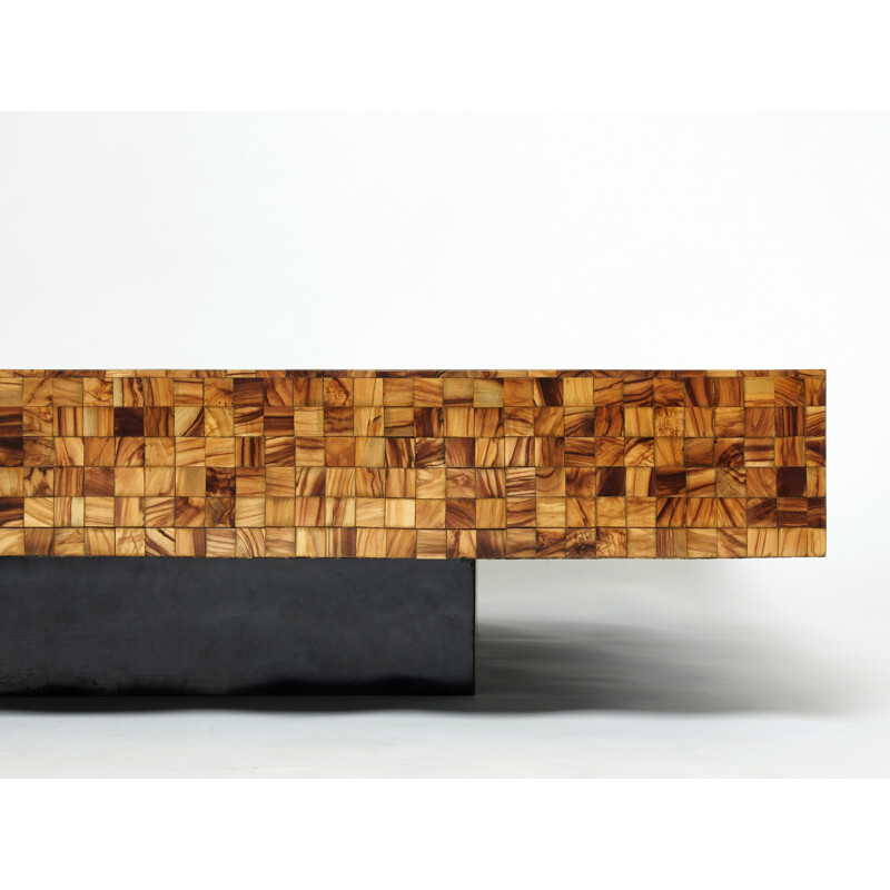 Vintage coffee table in olive wood marquetry by Sandro Petti, 1970