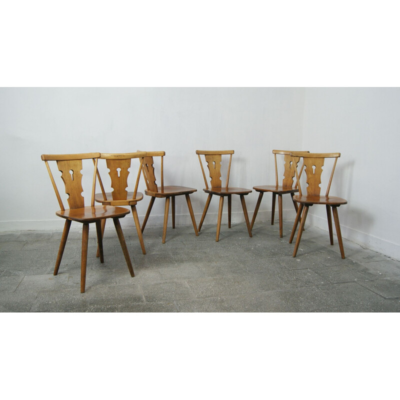 Ensemble de 6 chaises de salle à manger en hêtre brutaliste vintage pour Bombenstabil, 1960