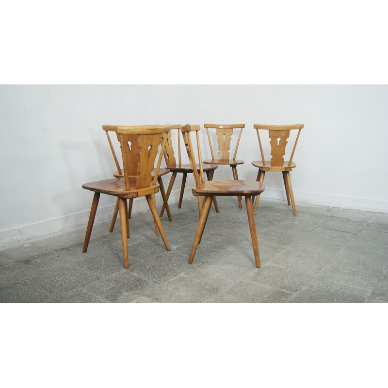 Conjunto de 6 cadeiras de jantar brutalistas de madeira de faia vintage para Bombenstabil, 1960