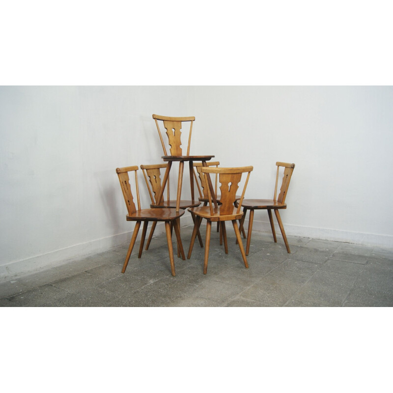 Set van 6 vintage brutalistische beukenhouten eetkamerstoelen voor Bombenstabil, 1960