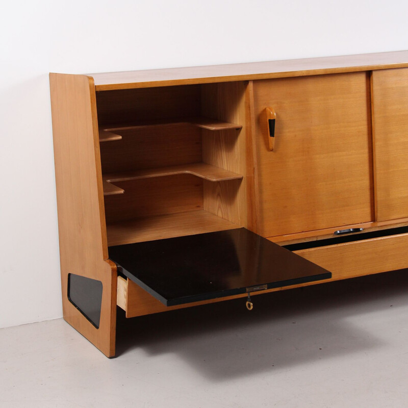 Vintage oakwood and black lacquer sideboard by Roche Bobois, 1950