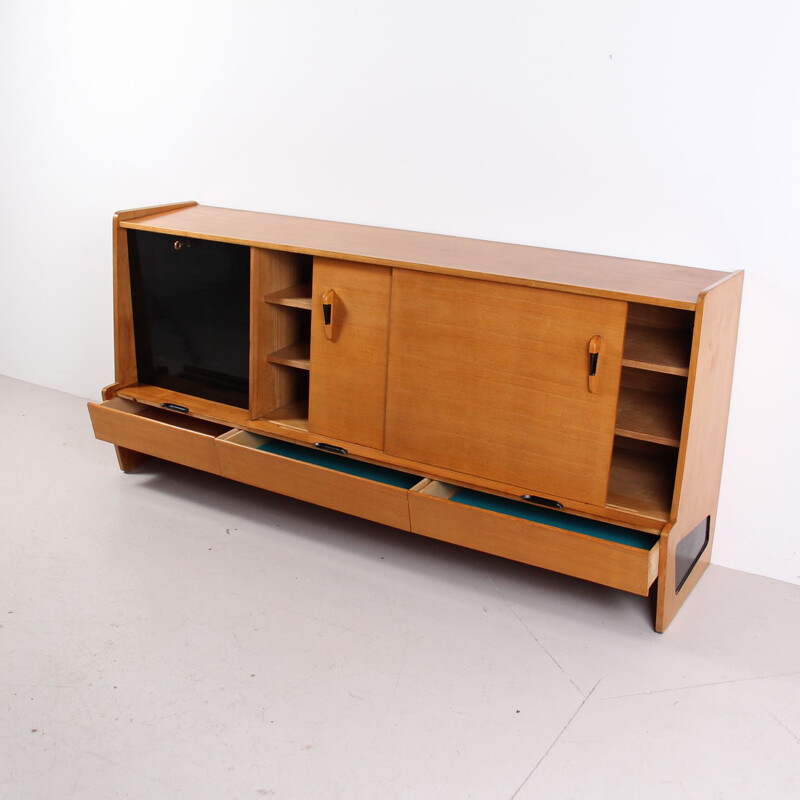 Vintage oakwood and black lacquer sideboard by Roche Bobois, 1950