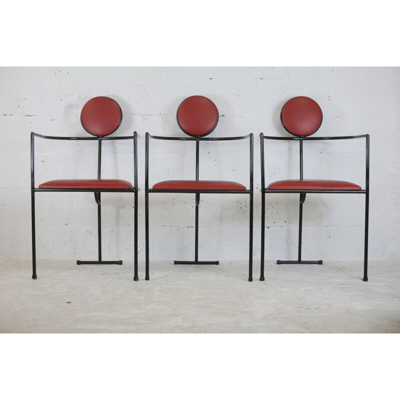 Set of 3 vintage steel and leather armchairs, France 1980