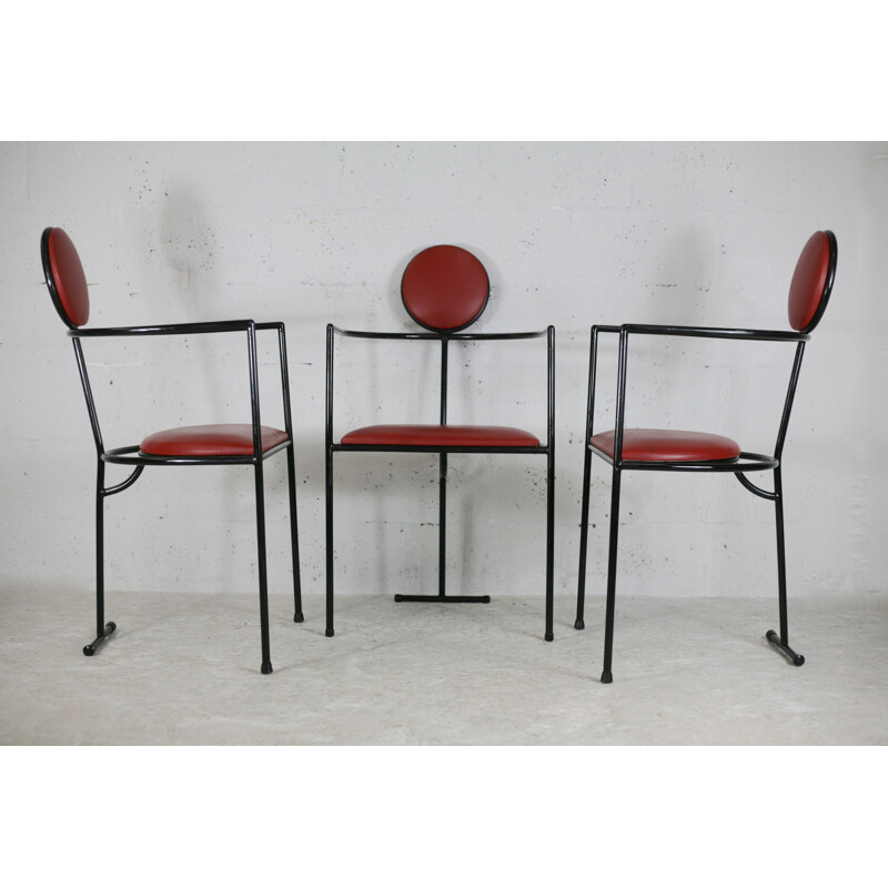 Set of 3 vintage steel and leather armchairs, France 1980