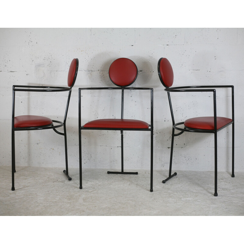 Conjunto de 3 poltronas de aço e couro vintage, França 1980