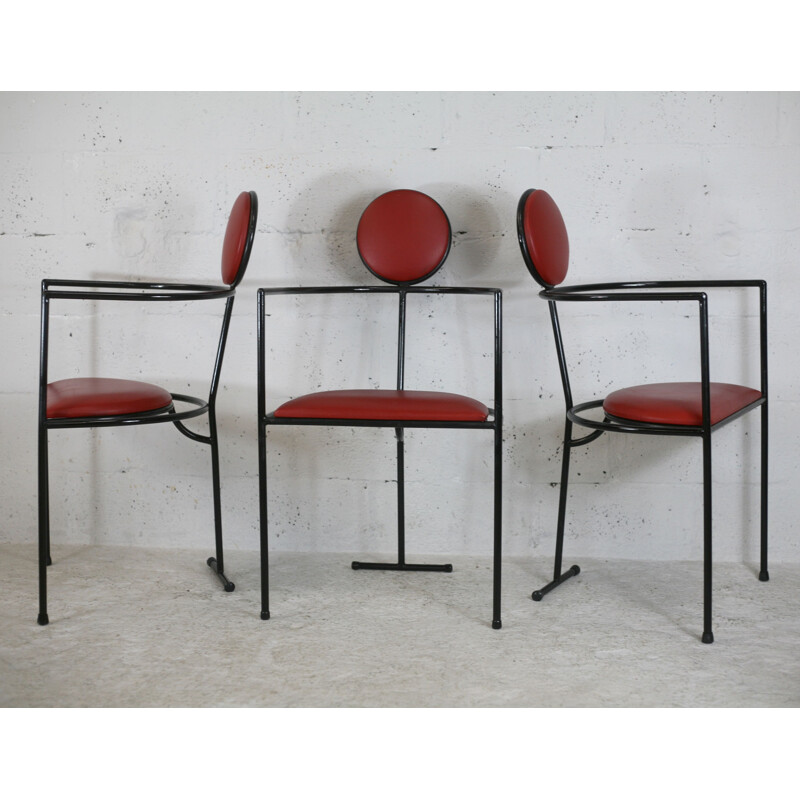 Set of 3 vintage steel and leather armchairs, France 1980