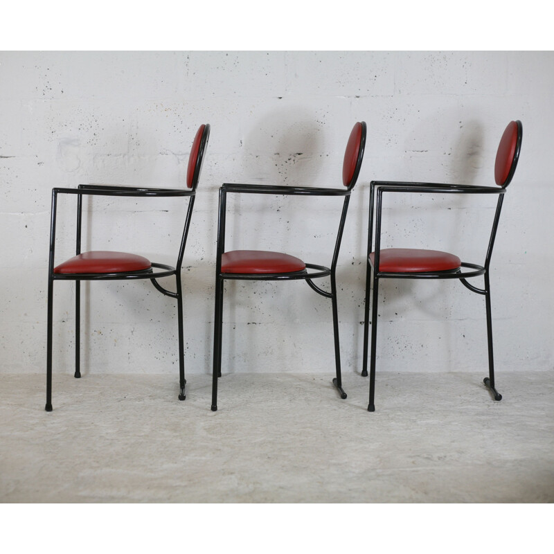 Set of 3 vintage steel and leather armchairs, France 1980