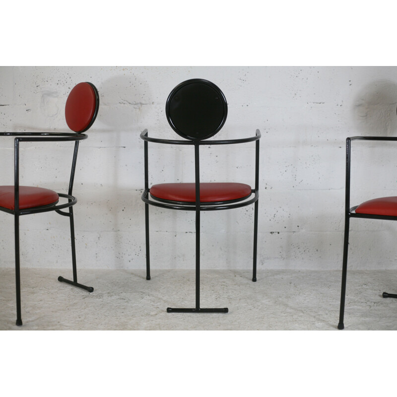 Set of 3 vintage steel and leather armchairs, France 1980