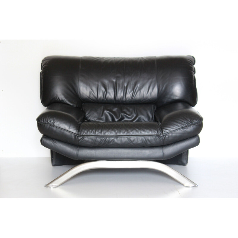 Sillón vintage de cuero negro, 1980