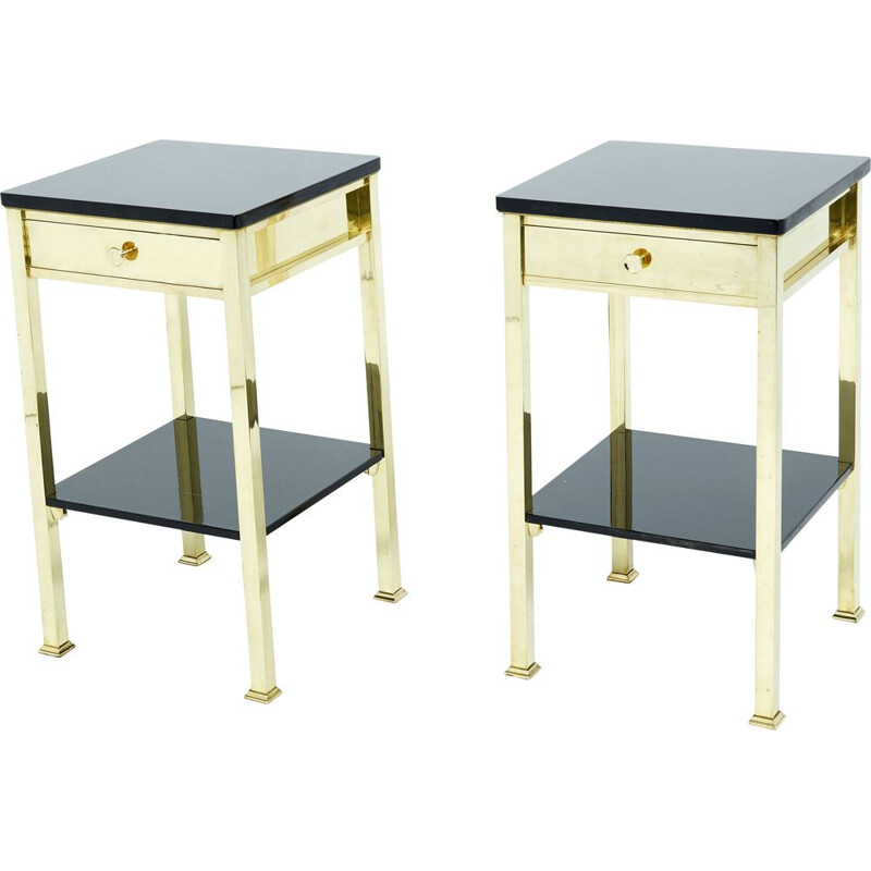 Pair of vintage black lacquered brass bedside tables, 1960