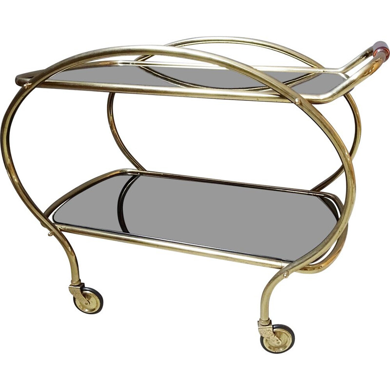 Vintage brass serving cart with black glass shelves, 1960