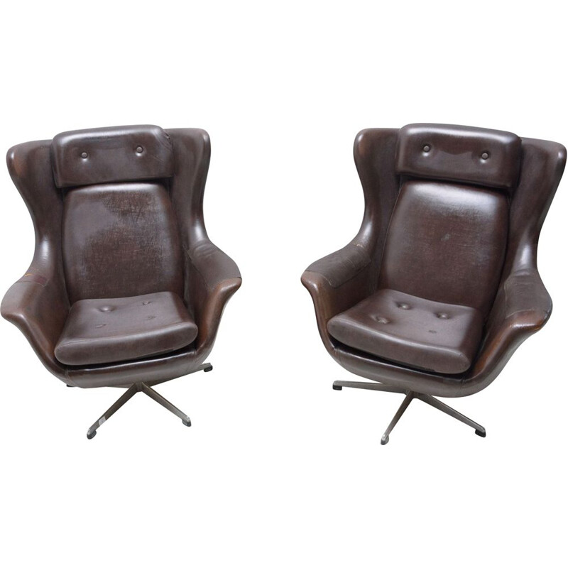 Pair of vintage leather swivel chairs by Up Zavody, Czechoslovakia 1970
