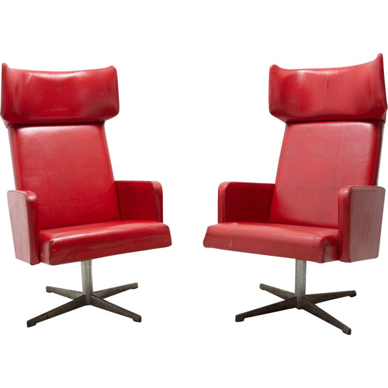 Pair of mid century Czechoslovak red swivel armchairs, 1970s