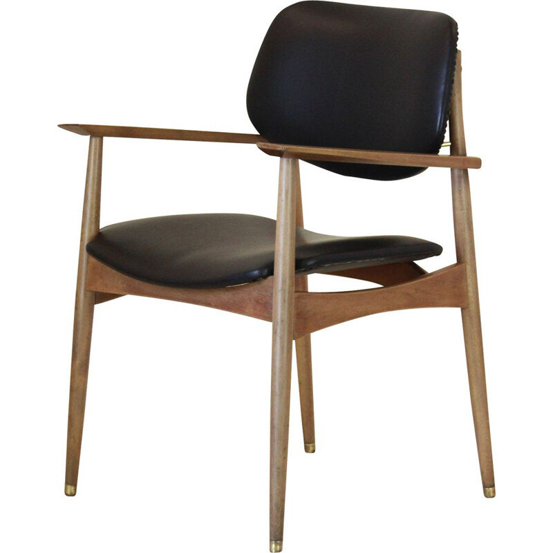 Cadeira de escritório de couro e madeira Vintage, 1950