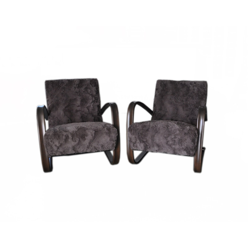 Pair of "H 269" armchairs in faux fur, Jindrich HALABALA - 1930s