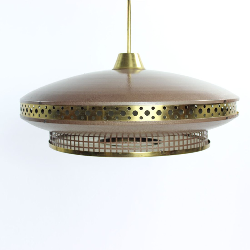 Mid century pendant lamp in brown metal & brass, Czechoslovakia 1970s