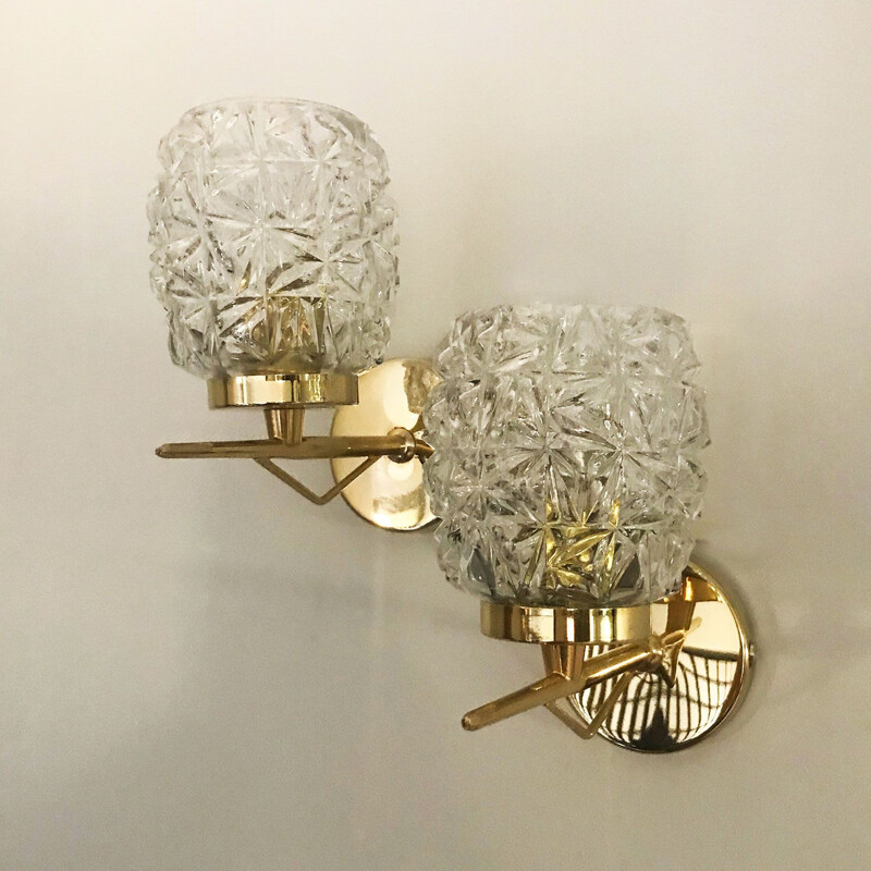 Pair of vintage glass and brass wall lamps