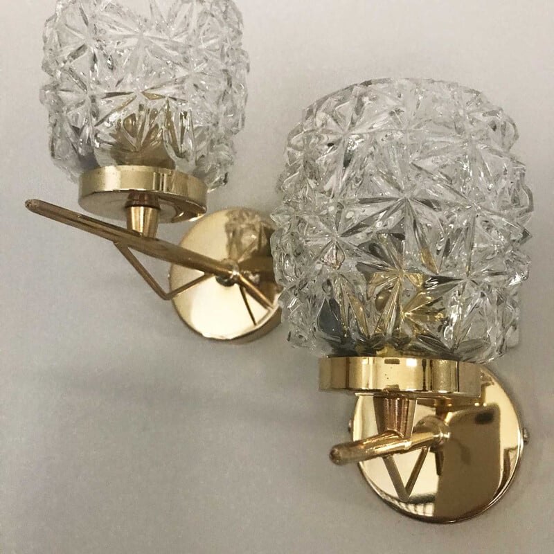 Pair of vintage glass and brass wall lamps