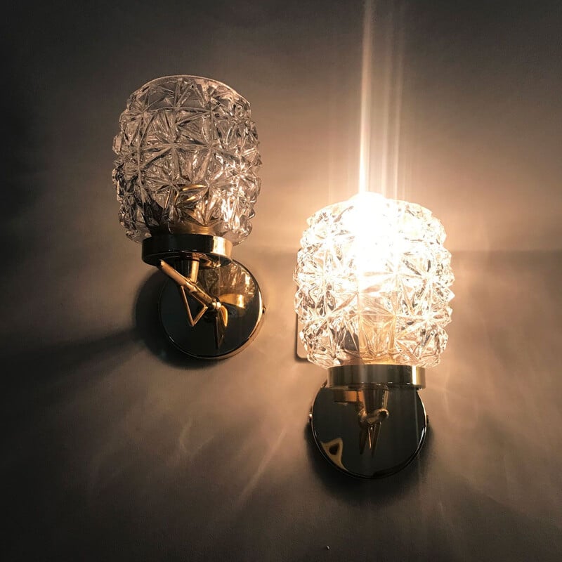 Pair of vintage glass and brass wall lamps