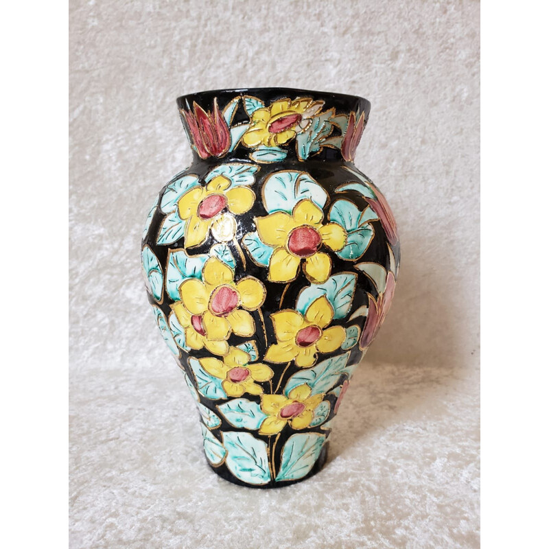 Vaso de cerâmica Vintage de Vallauris com decoração floral cloisonné sobre fundo preto, 1960