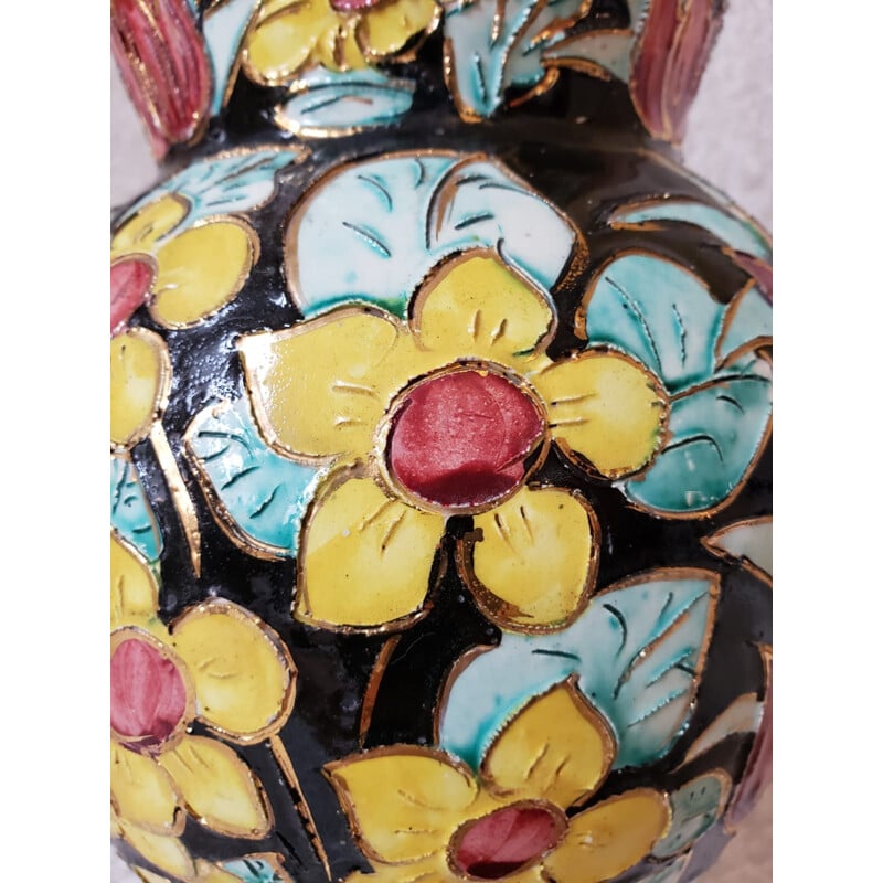 Vase vintage en céramique de Vallauris à décor floral cloisonné sur fond noir, 1960