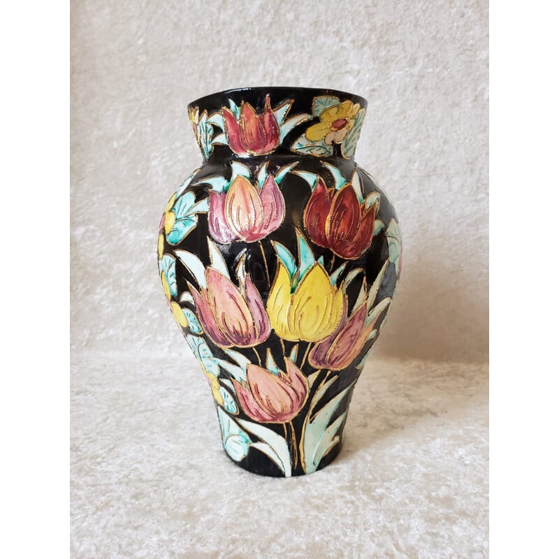 Vase vintage en céramique de Vallauris à décor floral cloisonné sur fond noir, 1960