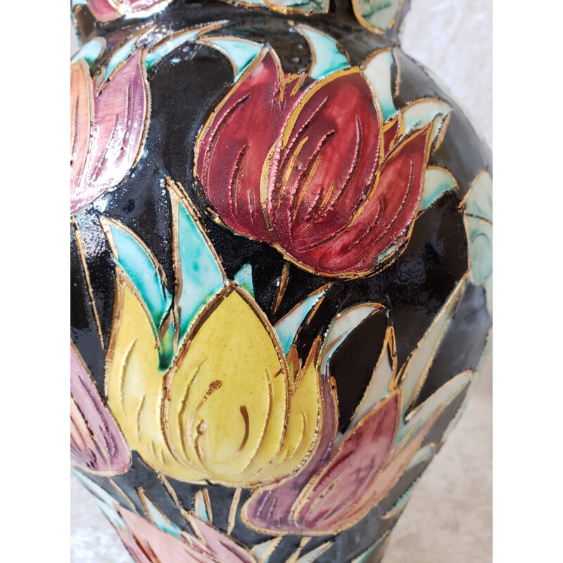 Vase vintage en céramique de Vallauris à décor floral cloisonné sur fond noir, 1960