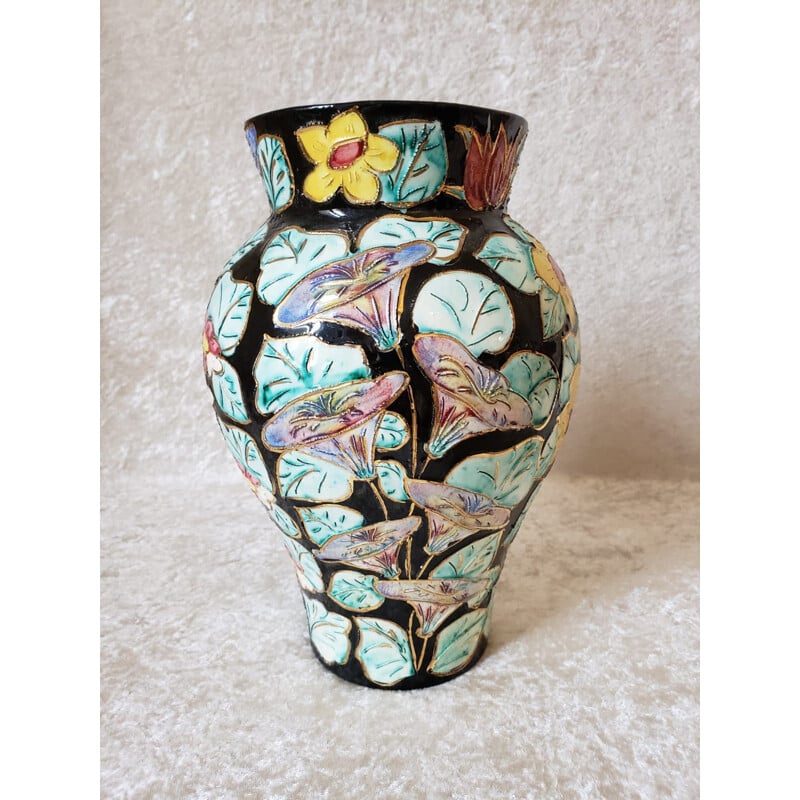Vase vintage en céramique de Vallauris à décor floral cloisonné sur fond noir, 1960