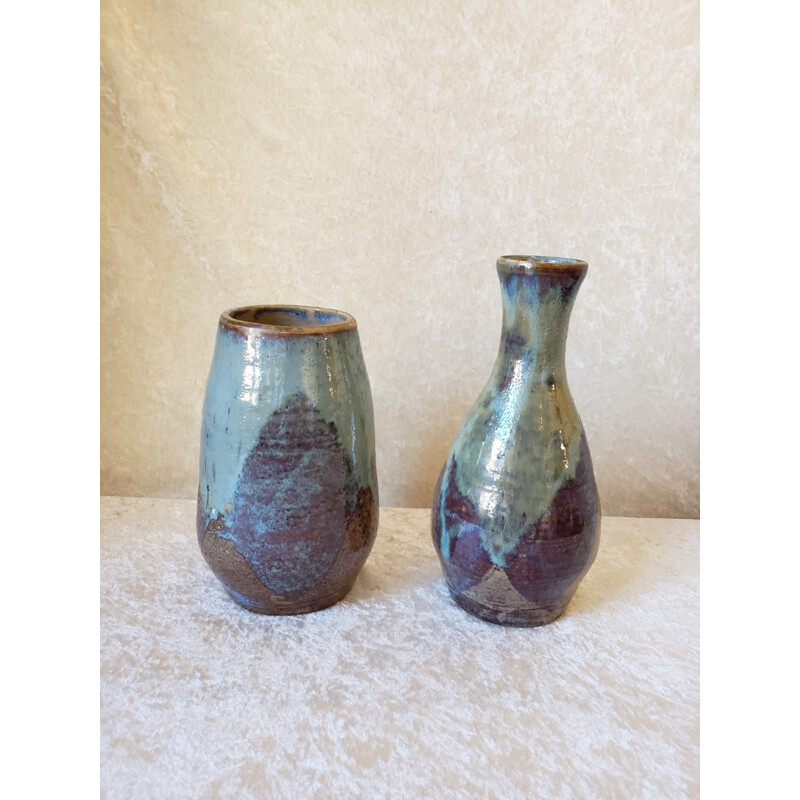 Paar Vintage-Vasen aus glasiertem Steingut