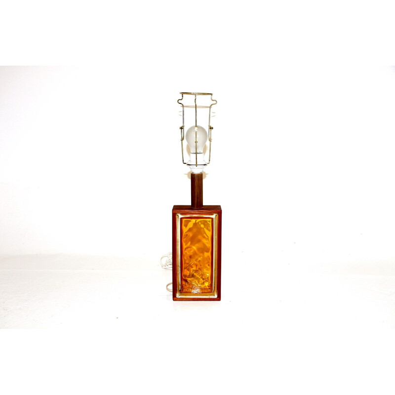 Vintage glass and teak table lamp, Sweden 1960