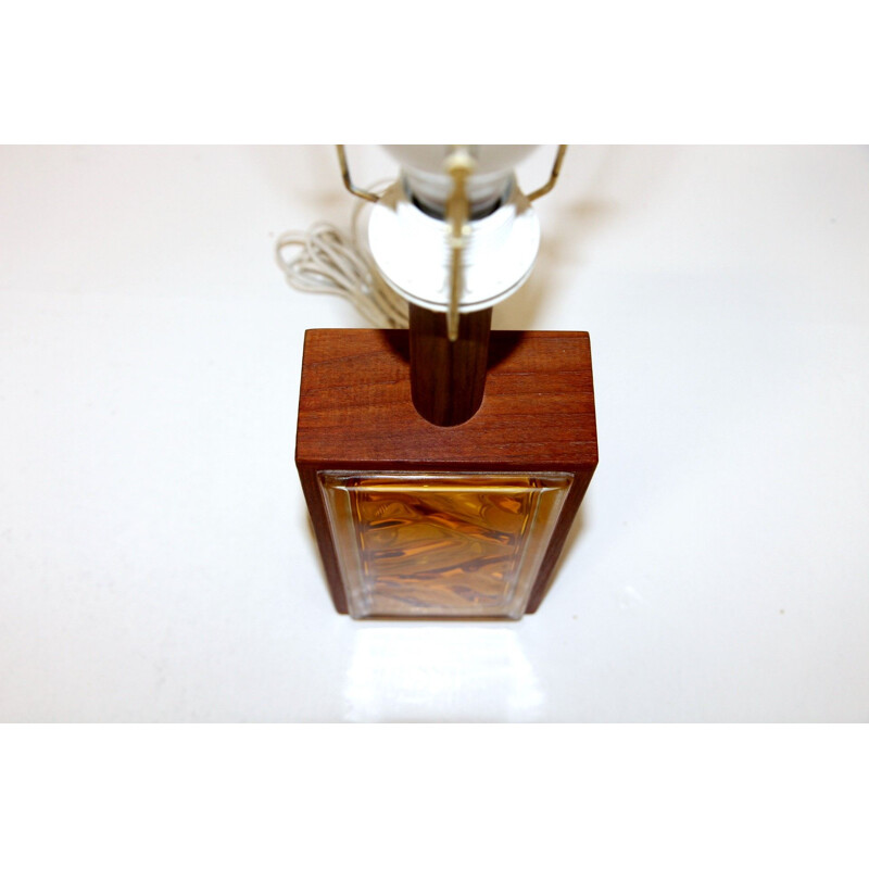 Vintage glass and teak table lamp, Sweden 1960