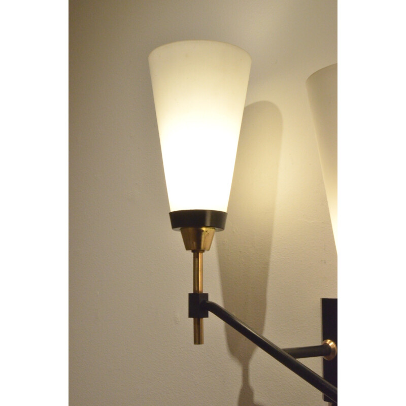 French Maison Arlus wall lamp in brass and opaline glass - 1950s