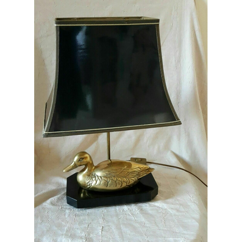Lampe vintage avec canard en laiton sur socle bois laqué, 1970