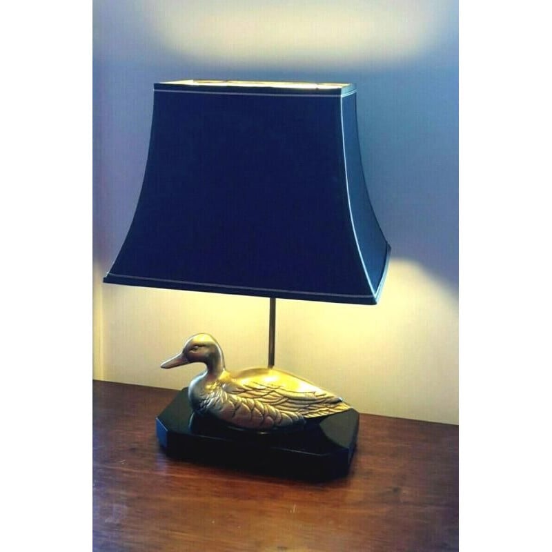 Lampe vintage avec canard en laiton sur socle bois laqué, 1970