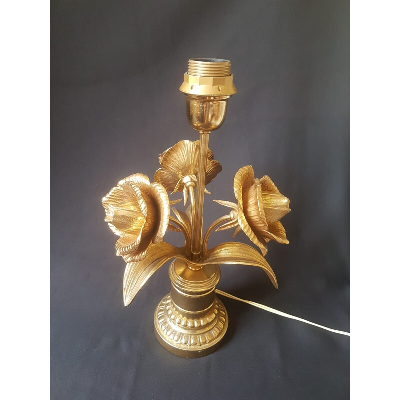 Vintage brass lamp base with rose decoration, 1960