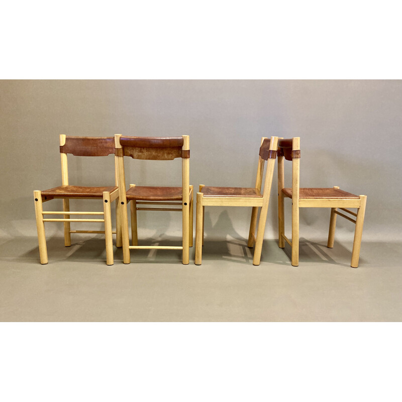 Set of 4 vintage leather and beechwood chairs by Sede for Ibisco, 1960