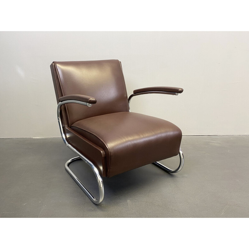 Vintage steel and brown leather armchair from Mücke Melder, 1930s