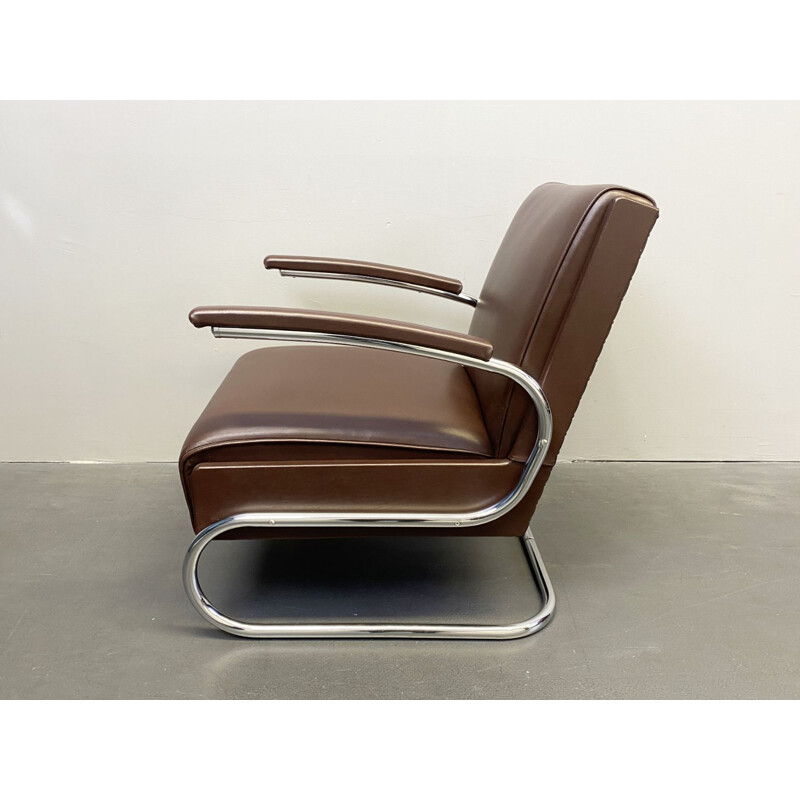 Vintage steel and brown leather armchair from Mücke Melder, 1930s