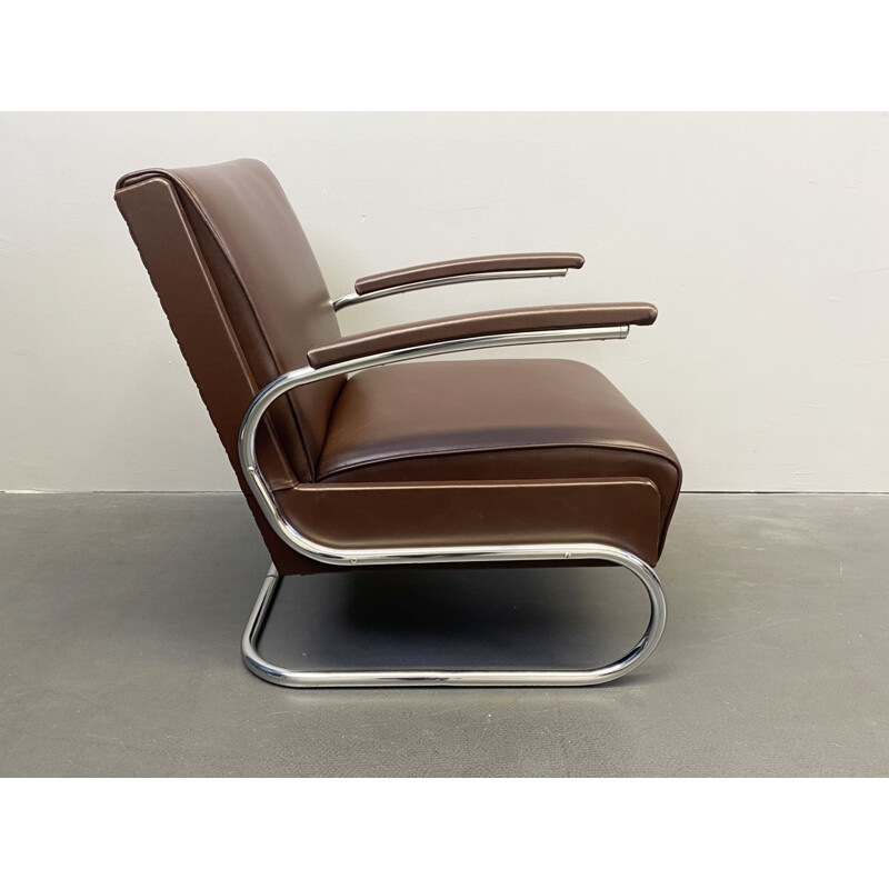 Fauteuil vintage en acier et cuir brun de Mücke Melder, 1930