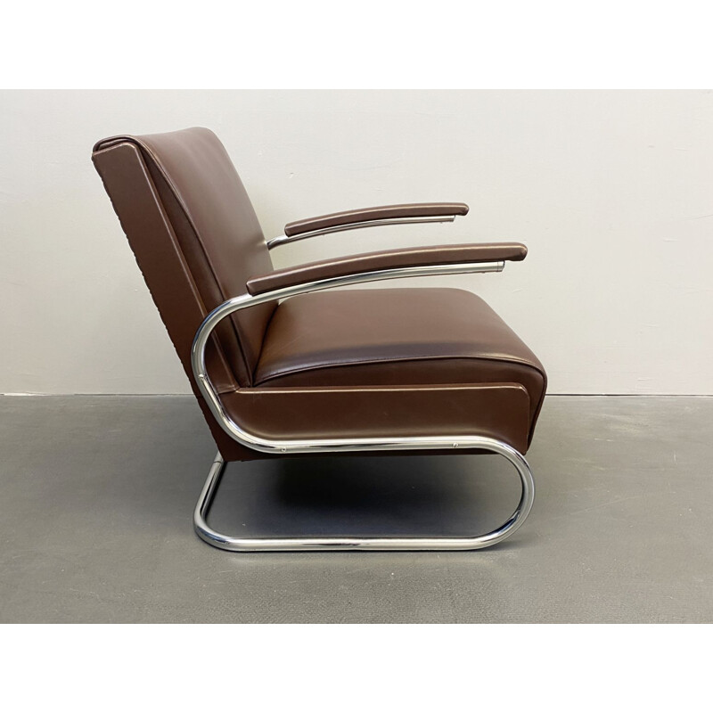 Vintage steel and brown leather armchair from Mücke Melder, 1930s