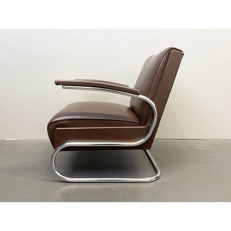 Vintage armchair cantilever tubular steel and brown leather by Mücke Melder, 1930s