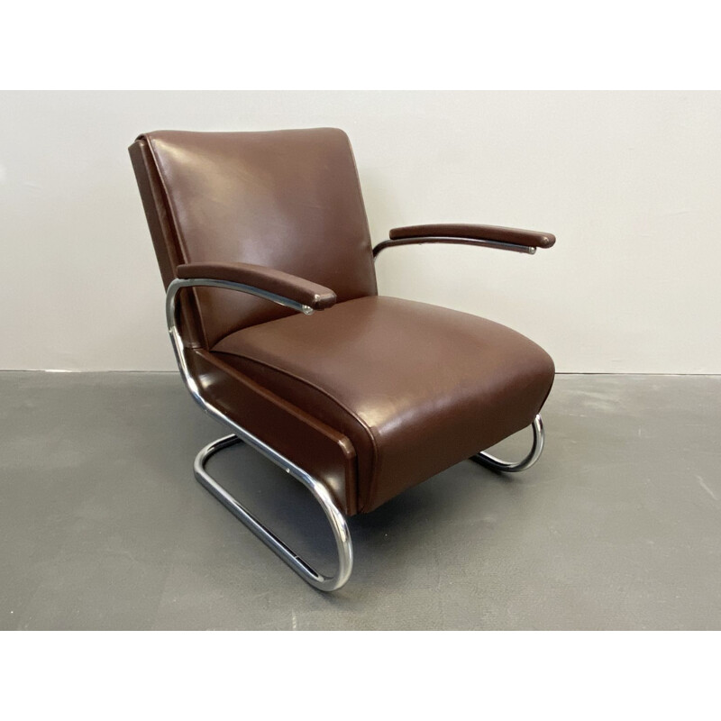 Vintage armchair cantilever tubular steel and brown leather by Mücke Melder, 1930s