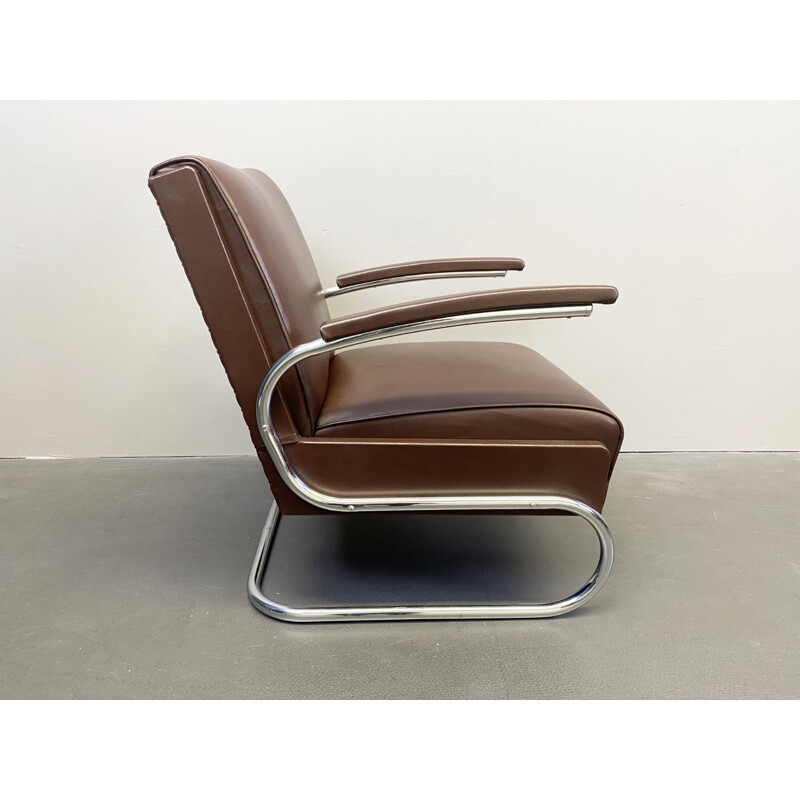 Vintage armchair cantilever tubular steel and brown leather by Mücke Melder, 1930s