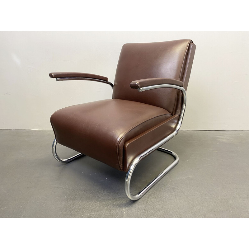 Vintage armchair cantilever tubular steel and brown leather by Mücke Melder, 1930s