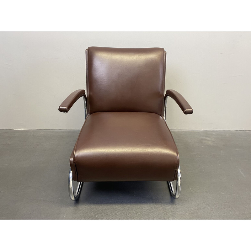 Vintage armchair cantilever tubular steel and brown leather by Mücke Melder, 1930s