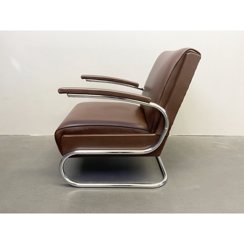 Vintage armchair cantilever tubular steel and brown leather by Mücke Melder, 1930s