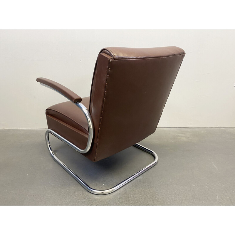 Vintage armchair cantilever tubular steel and brown leather by Mücke Melder, 1930s